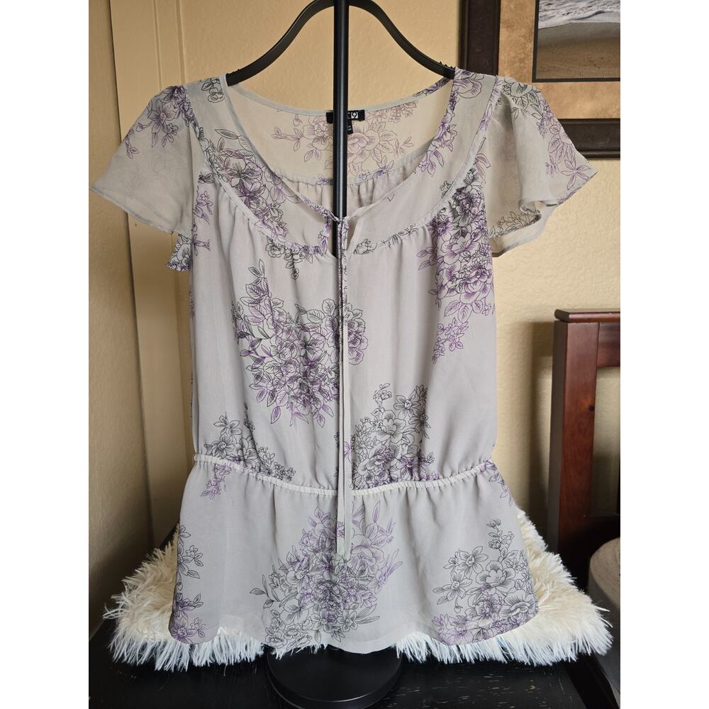 Apt. 9 Gray w Purple Floral Design Sheer Blouse Women's Size Medium